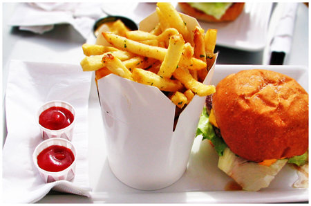 Plate of burger, fries, ketchup